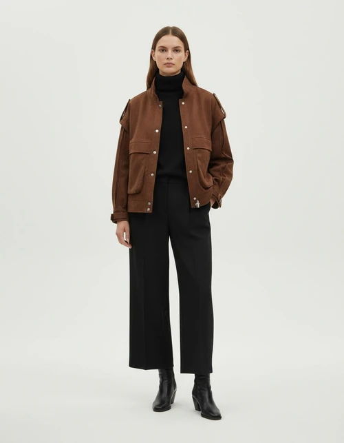 Giacca in pelle scamosciata da donna, modello oversize con spalle larghe e tasche, KUN-00125