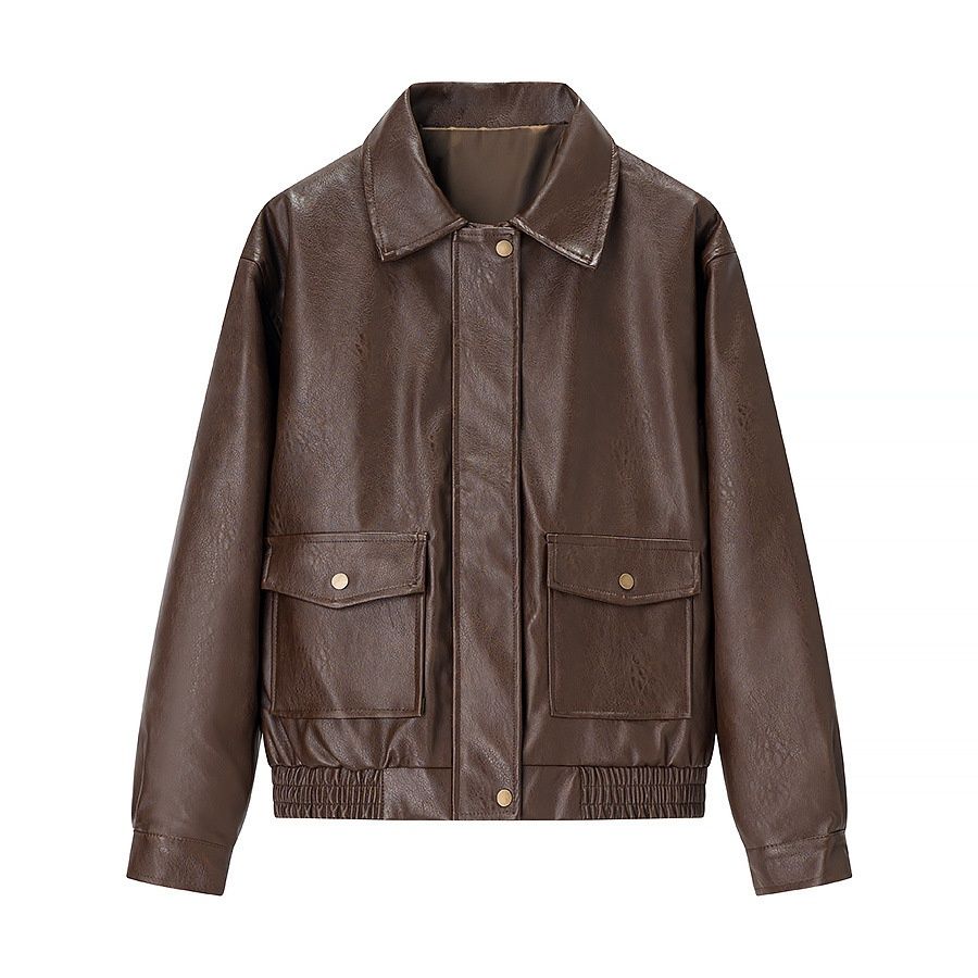 Chaqueta de moto marrón para mujer - Estilo vintage biker chic KUN-00138