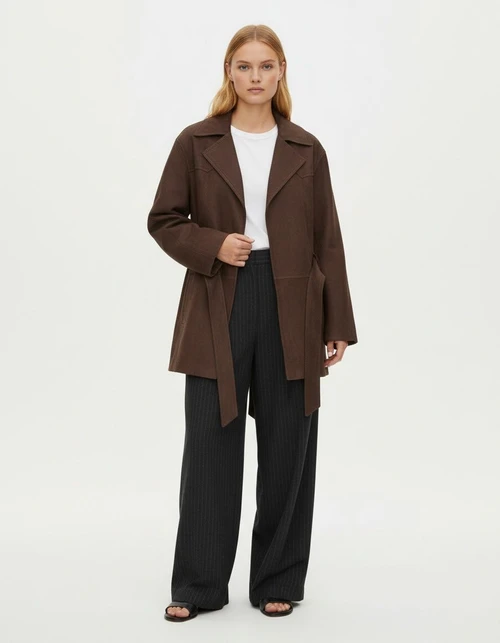 Giacca in finta pelle scamosciata con cintura - Stile europeo KUN-00139