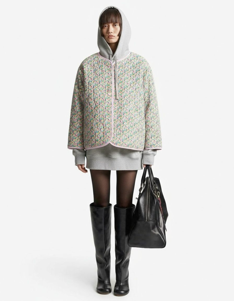 Giacca imbottita in cotone con stampa floreale, reversibile, alla moda, modello KUN-00003