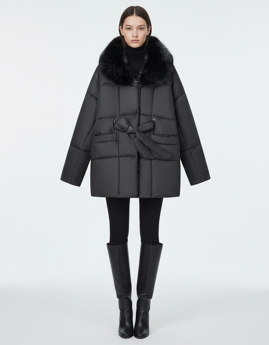 Women's Padded Cotton Coat with Fur Collar and Belt KUN-00005