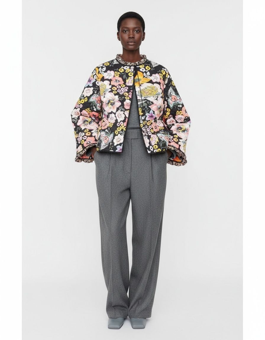 Women's Floral Print Cotton Jacket Ruffle Trim KUN-00025