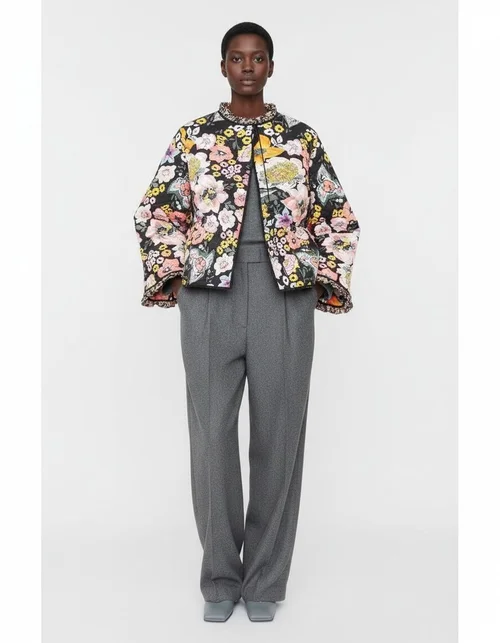 Women's Floral Print Cotton Jacket Ruffle Trim KUN-00025