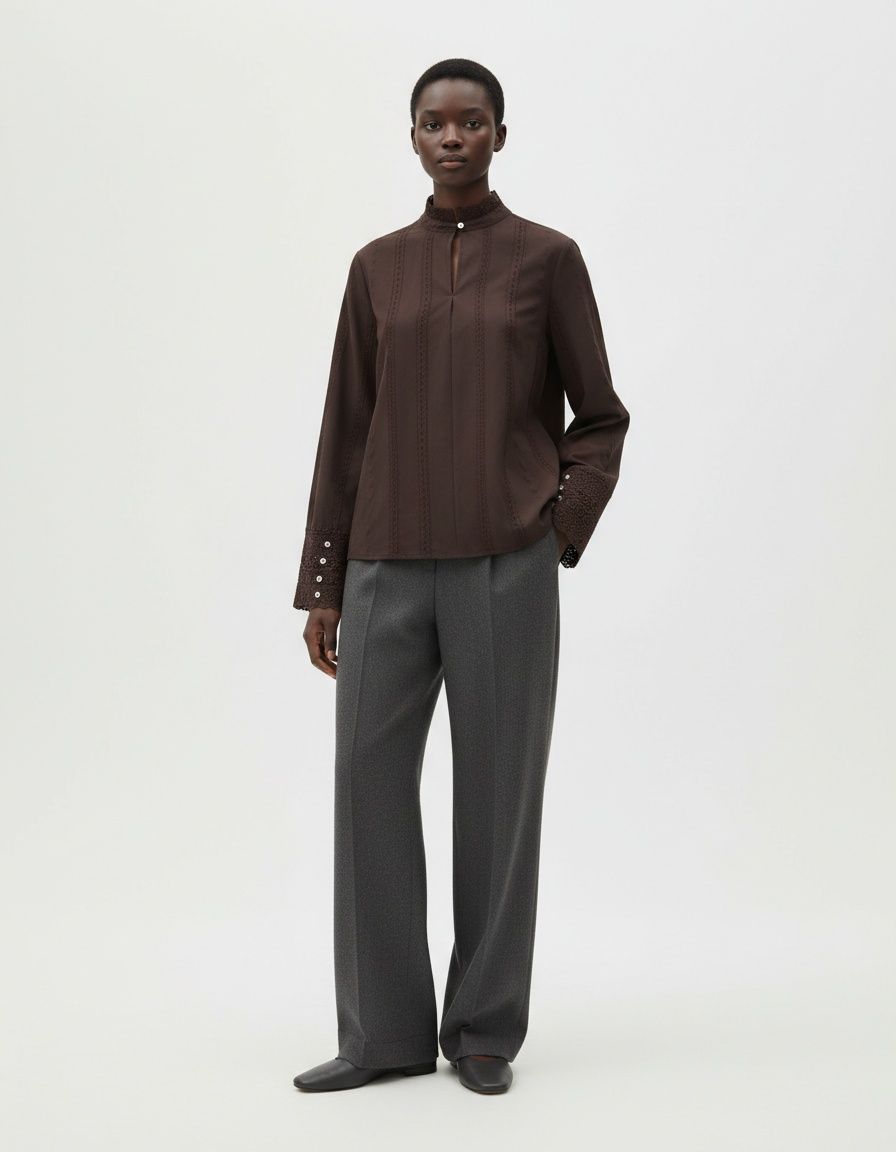 Camicetta in pizzo ricamato - Camicia classica da donna KUN-00009