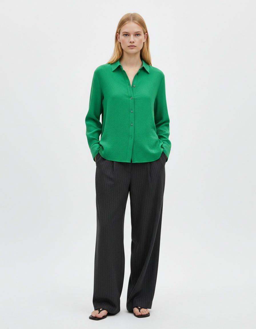 Camicia a maniche lunghe in popeline di cotone con colletto a balze KUN-00015