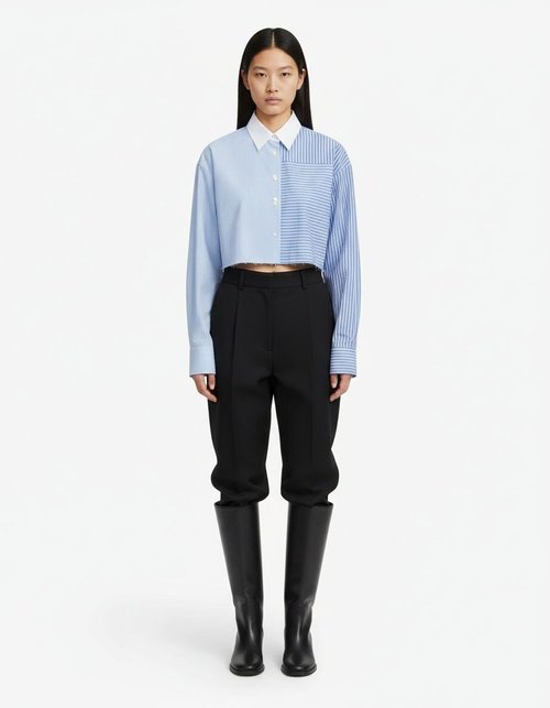 Gestreept patchwork shirt met lange mouwen - Trendy damestop KUN-00031