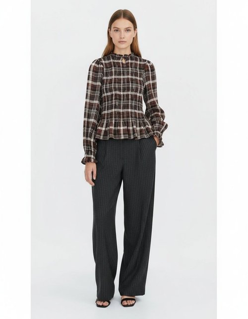 Damesblouse met honingraatruitpatroon, lange mouwen en opstaande kraag KUN-00032