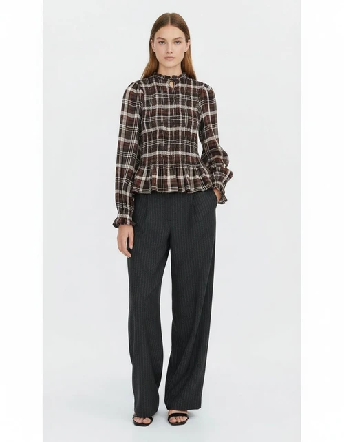 Camicia da donna a maniche lunghe con colletto alla coreana e motivo a nido d'ape KUN-00032