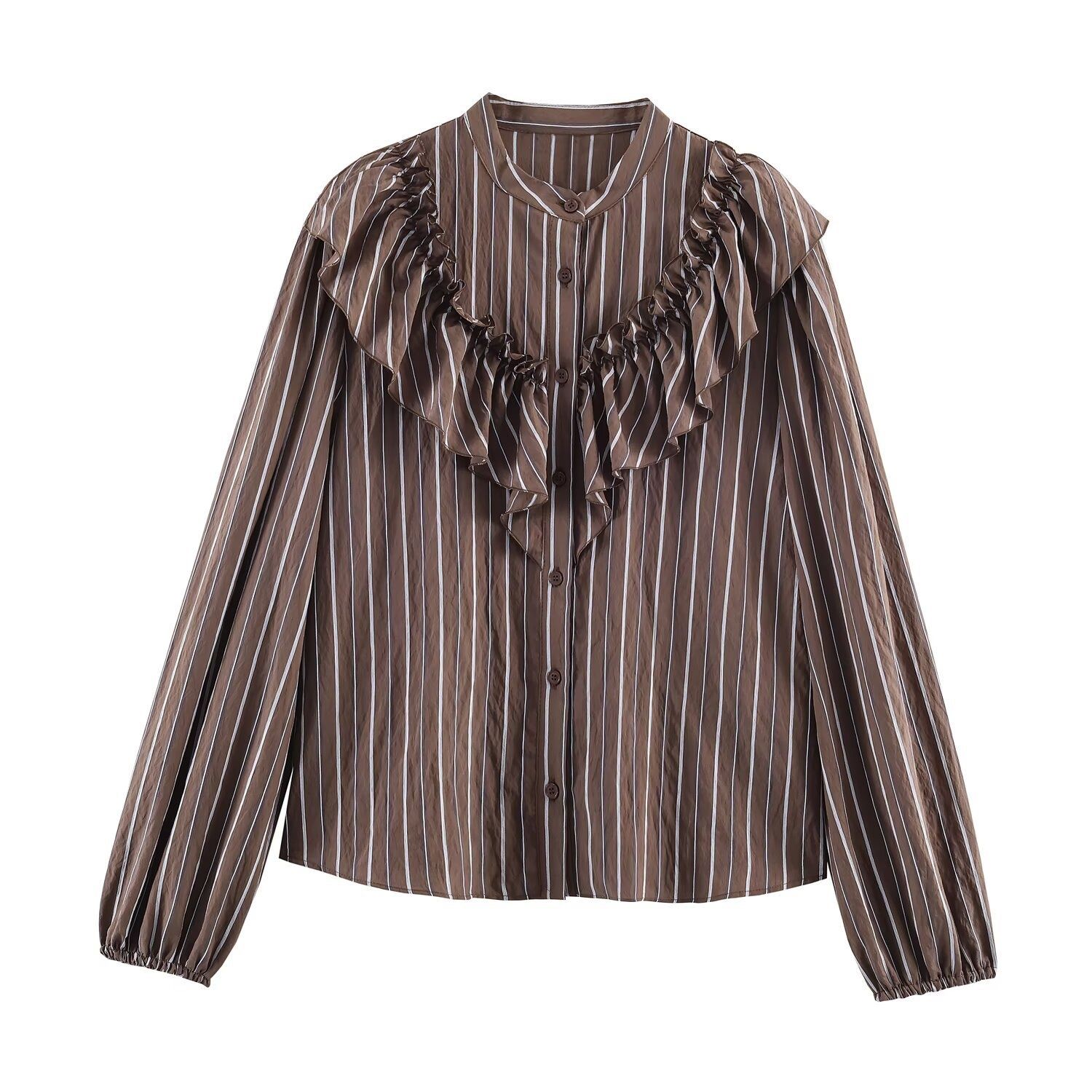 Chemise rayée à manches longues et col montant superposés KUN-00033