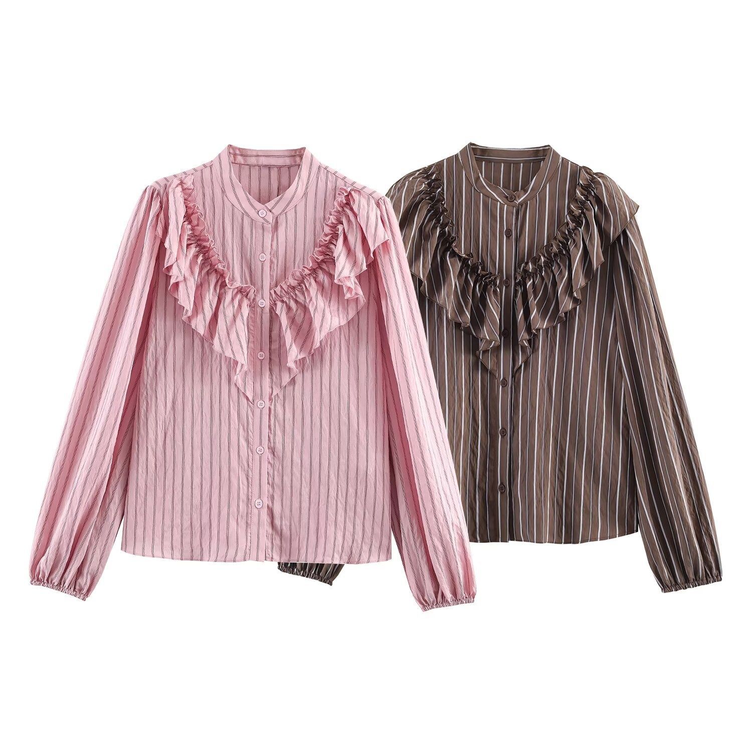Chemise rayée à manches longues et col montant superposés KUN-00033