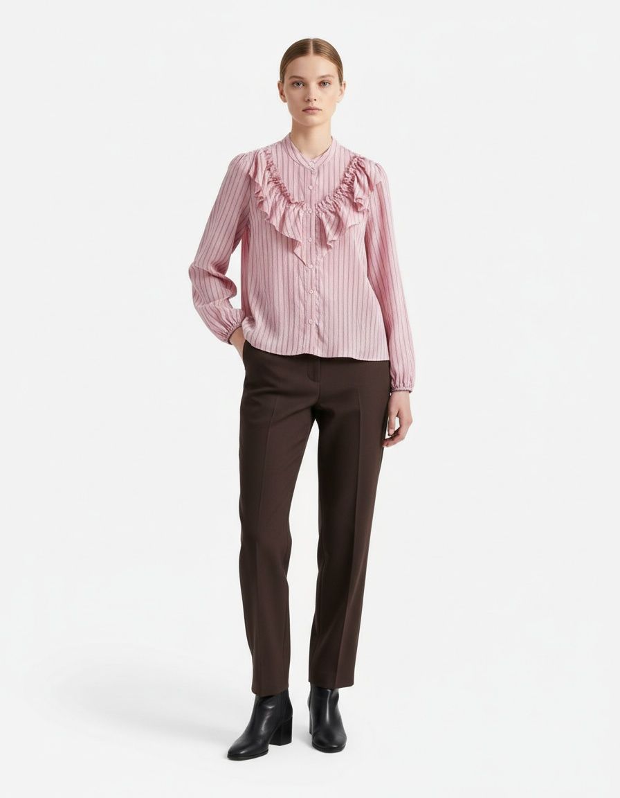 Camicia a maniche lunghe a collo alto a righe e stratificata KUN-00033