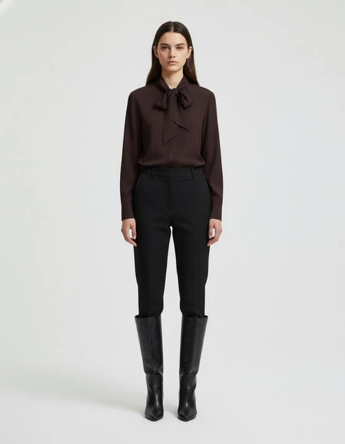 Camicia in popeline con collo a sciarpa - Camicetta chic europea KUN-00063