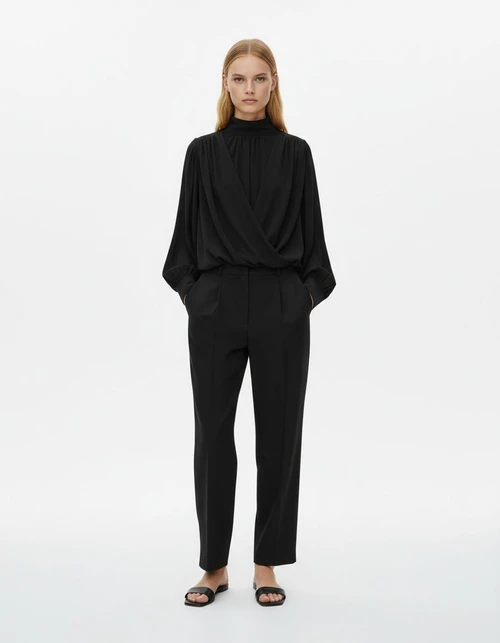 Camicetta da donna semitrasparente con maniche a lanterna e volant KUN-00081