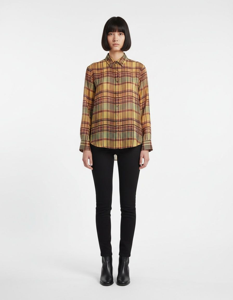 Camicia a quadri in lino - Elegante blusa da donna KUN-00091