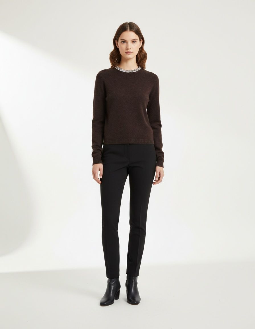 Knit Top Long Sleeve Beaded Neckline KUN-00010