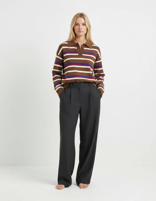 Striped Knit Polo Shirt - Trendy Casual Top KUN-00017