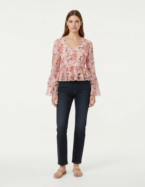 Floral Print Blouse Bell Sleeve Tie-Front Top KUN-00030