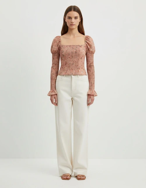 Floral Print Square Neck Puff Sleeve Top KUN-00038