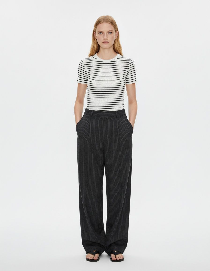 Top a righe in maglia, maniche corte, stile classico KUN-00001