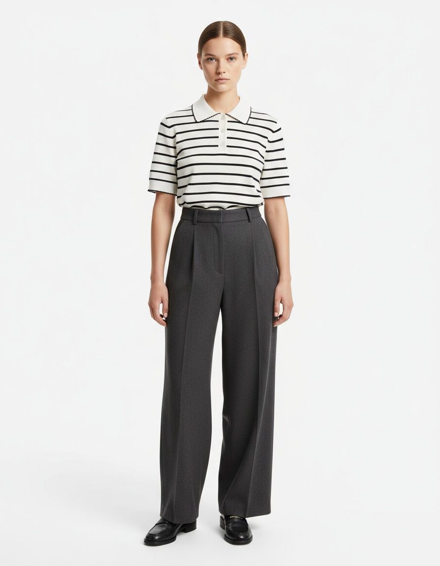 Knit Top Short Sleeve Collar Trim Casual KUN-00021