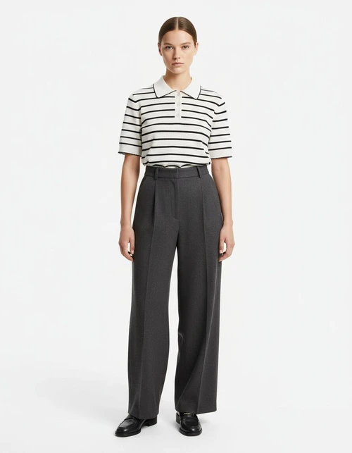 Knit Top Short Sleeve Collar Trim Casual KUN-00021