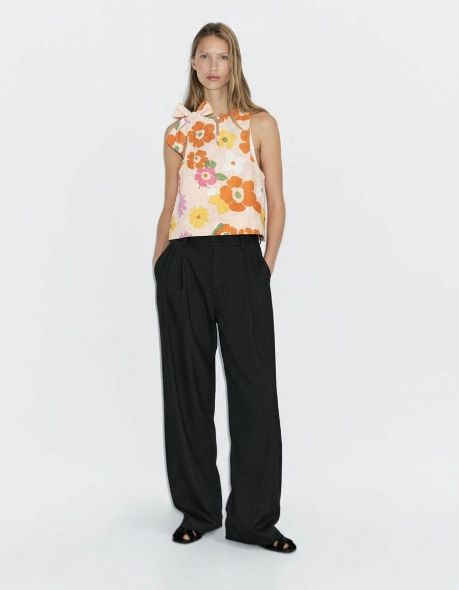 Top in lino senza maniche con fiocco al collo e stampa a farfalle KUN-00042