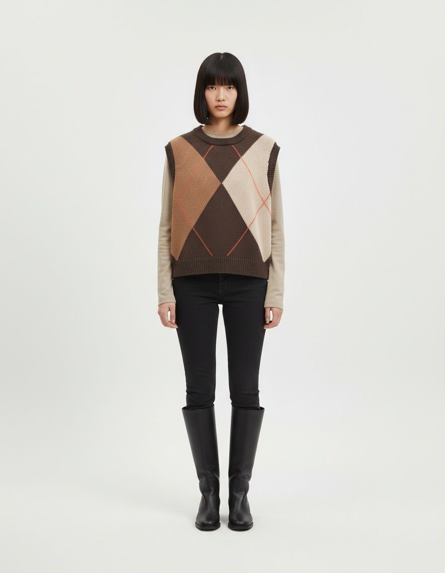 Knit Vest Diamond Jacquard Sleeveless Sweater Top KUN-00070