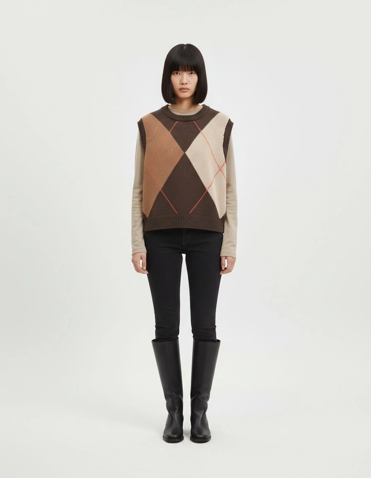 Knit Vest Diamond Jacquard Sleeveless Sweater Top KUN-00070