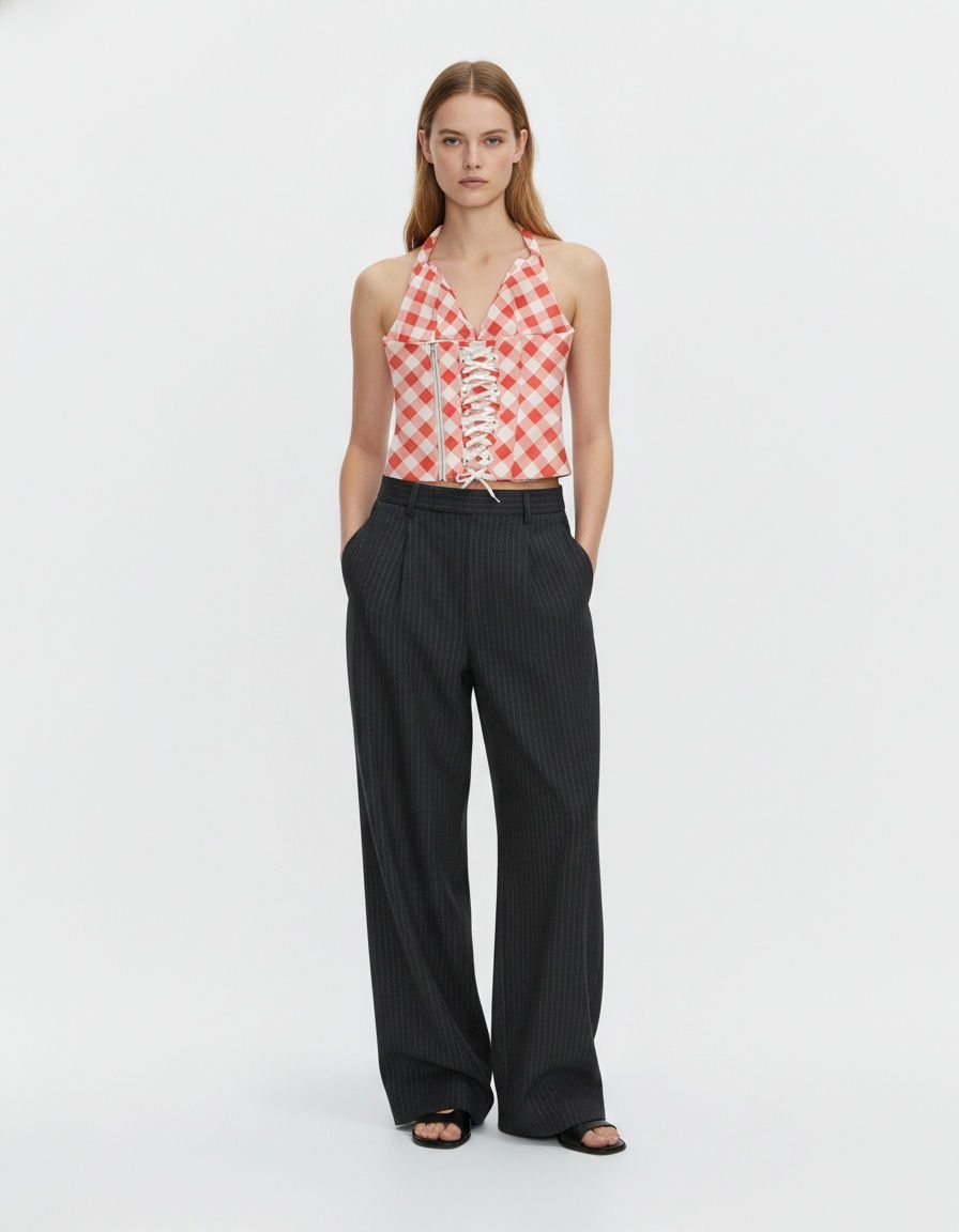 Red Plaid Halter Backless Crop Top KUN-00089