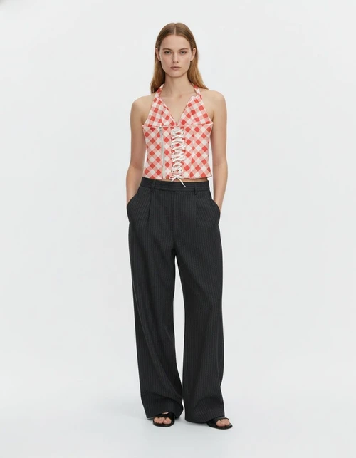 Red Plaid Halter Backless Crop Top KUN-00089