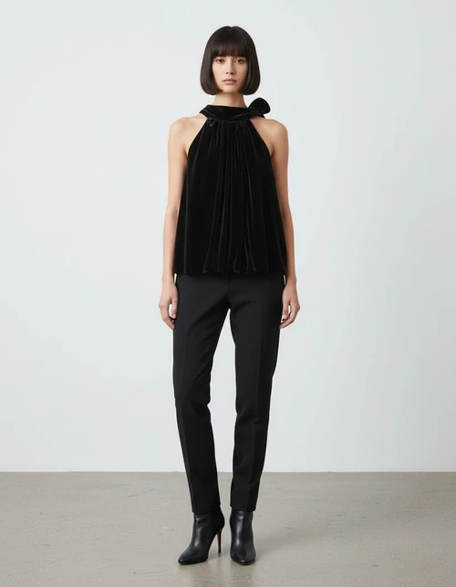 Velvet Bow Blouse Balloon Sleeve Top KUN-00127