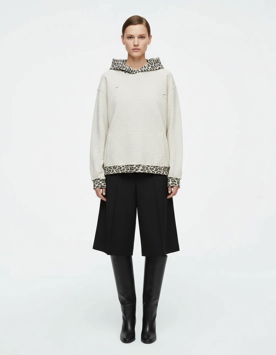 Leopard Patch Hoodie Distressed Pullover KUN-00012