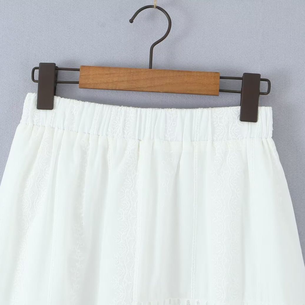 Jupe longue blanche en dentelle au crochet, taille élastique KUN-00006