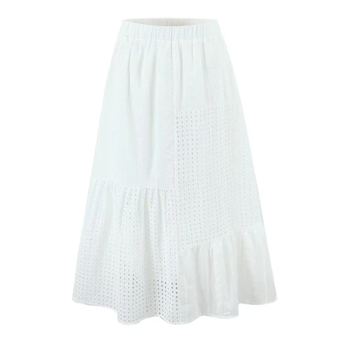 Crochet Lace White Maxi Skirt Elastic Waist KUN-00006