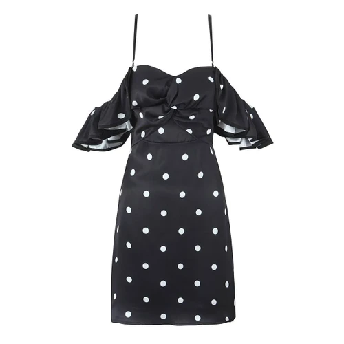 Women's Black and White Polka Dot Bandeau Dress - Vintage Classic KUN-00160