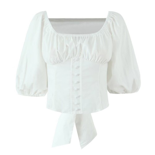 Bow Bubble Sleeve Blouse Corset Top KUN-00077