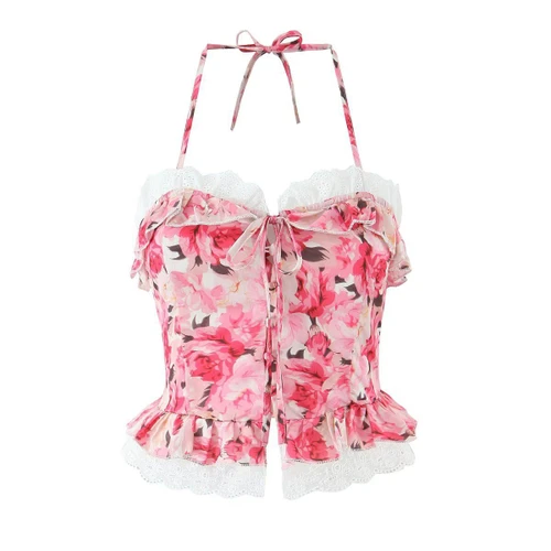 Conjunto de top halter floral y falda con volantes KUN-00107