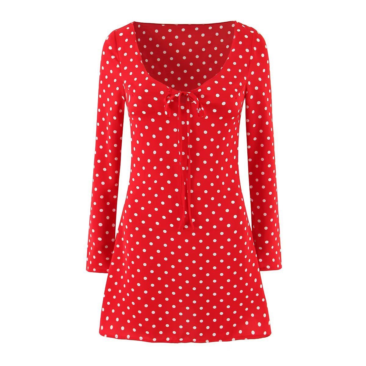 Women's Red Polka Dot Long Sleeve Casual Dress KUN-00076