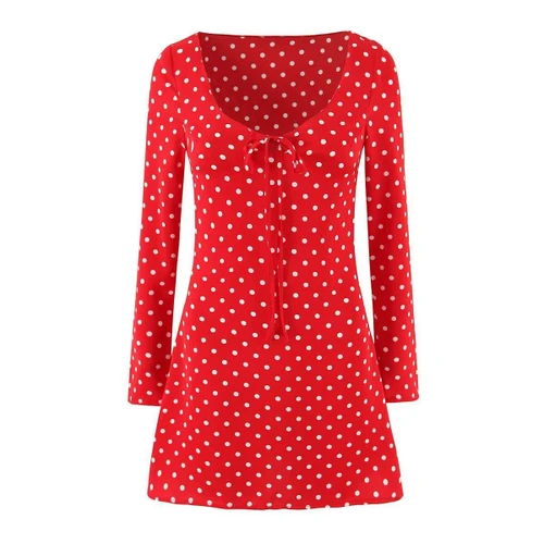 Women's Red Polka Dot Long Sleeve Casual Dress KUN-00076