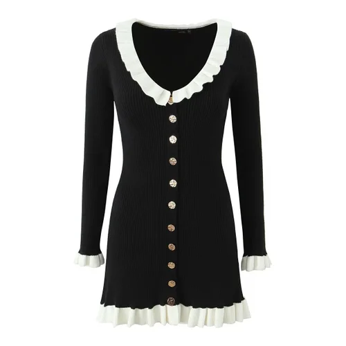 Women's Little Black Dress Hepburn Style Ruffle Neck KUN-00074