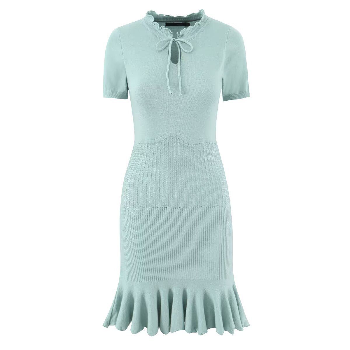Knit Ribbed Ruffle Mini Dress - European Style KUN-00109