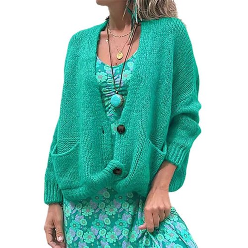 Cardigan da donna in maglia con scollo a V e maniche lunghe, aperto sul davanti.