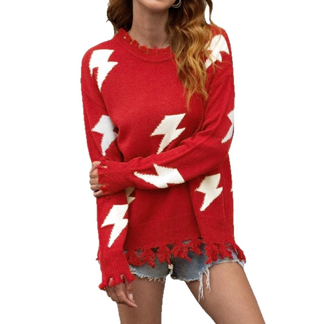 Knit Sweater Women's Long Sleeve Pullover Tassel Lightning Solid Color SSU-00125