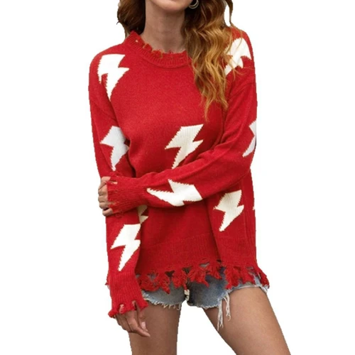 Knit Sweater Women's Long Sleeve Pullover Tassel Lightning Solid Color SSU-00125