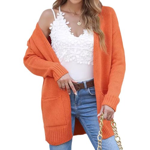Suéter de punto para mujer, manga larga, abierto al frente, con cuello vuelto SSU-00005