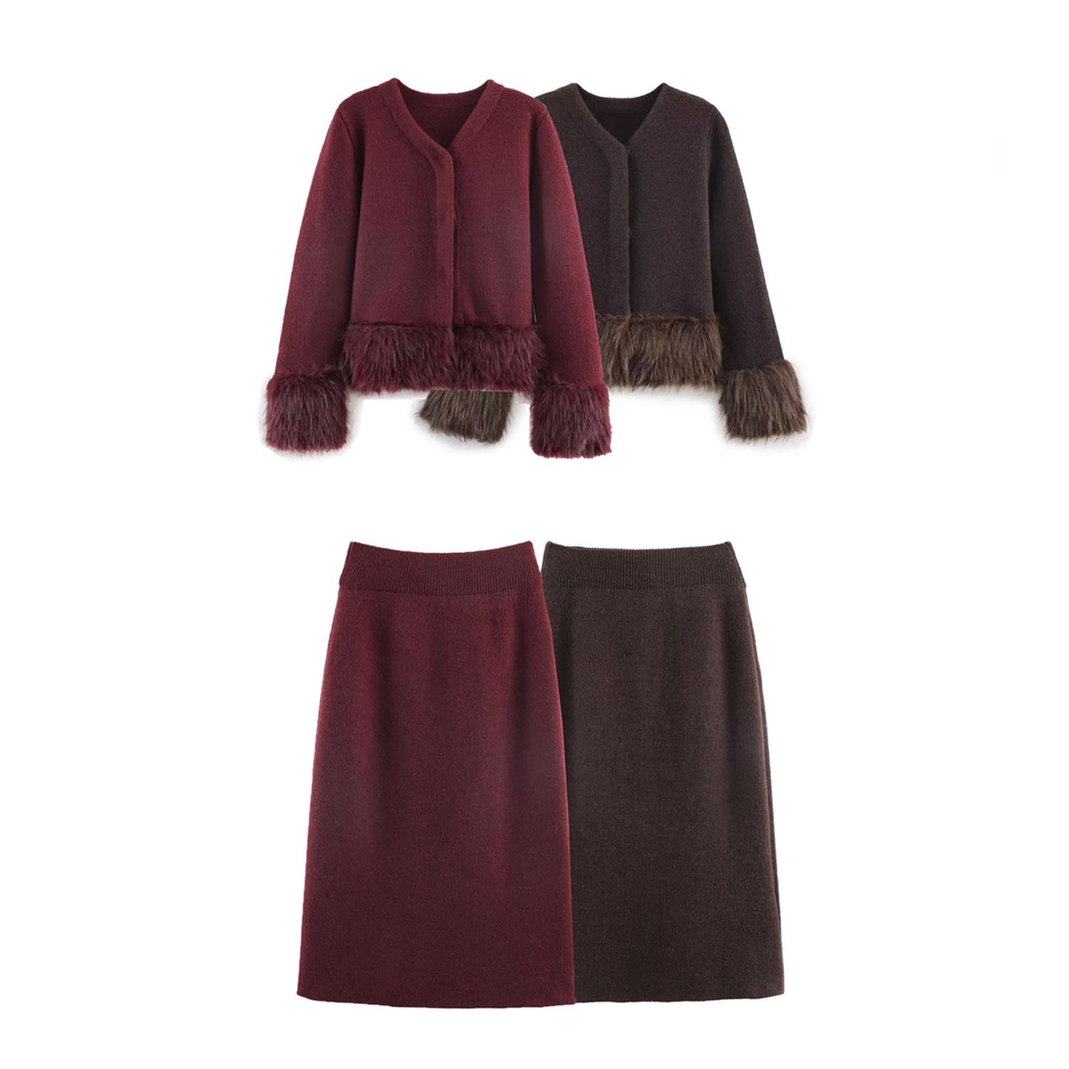 Faux Fur Trim Knit Cardigan Midi Dress Set KUN-00033