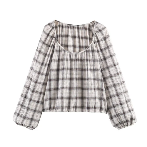 Conjunto de camisa elástica a cuadros y falda asimétrica - Estilo europeo KUN-00024