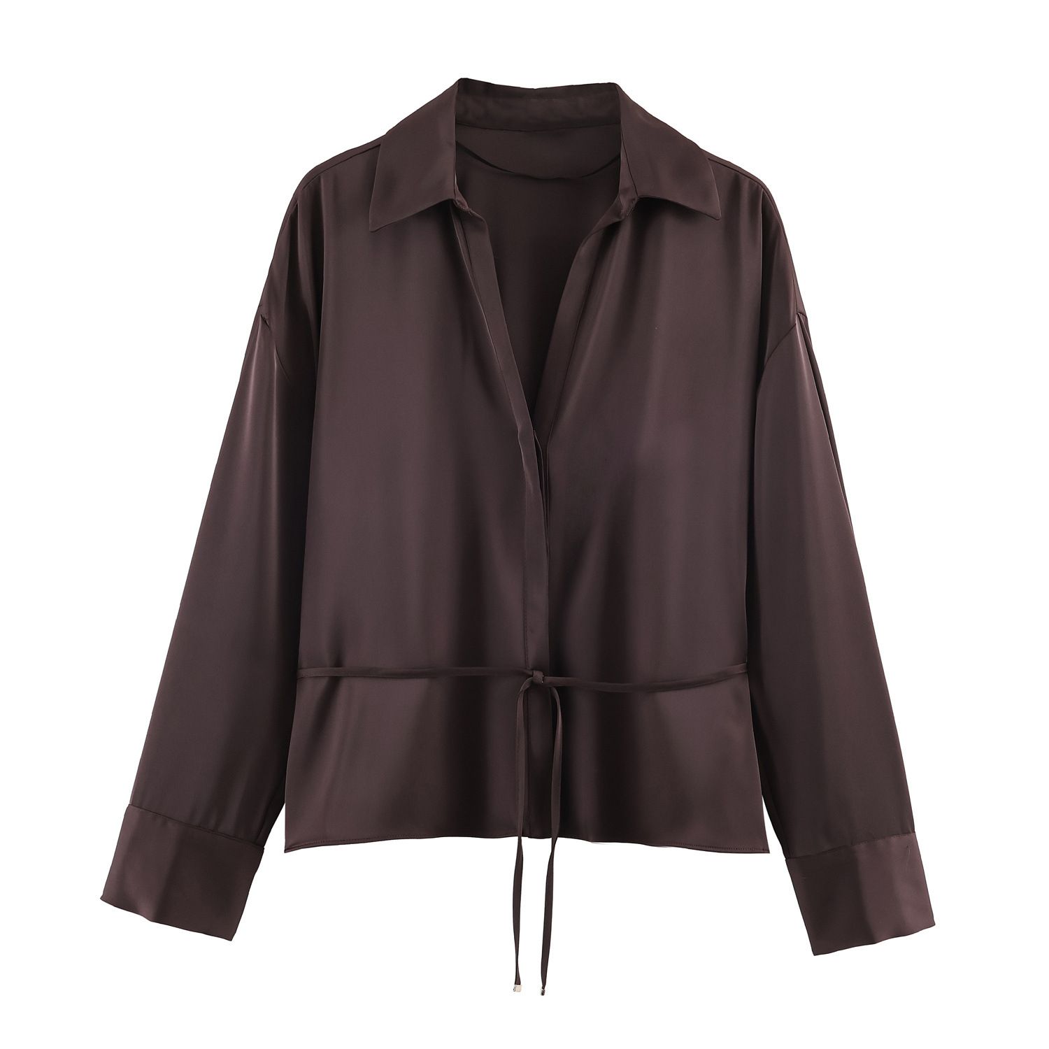 Satin Blouse with Belt - European Style Women's Shirt KUN-00107