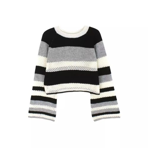 Knit Striped Cropped Sweater - Casual Pullover Top SSU-00036