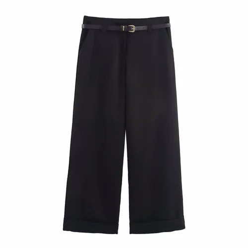 Lässige Damen-Cropped-Hose mit Gürtel - Stilvolle High-Waist-Hose KUN-00005